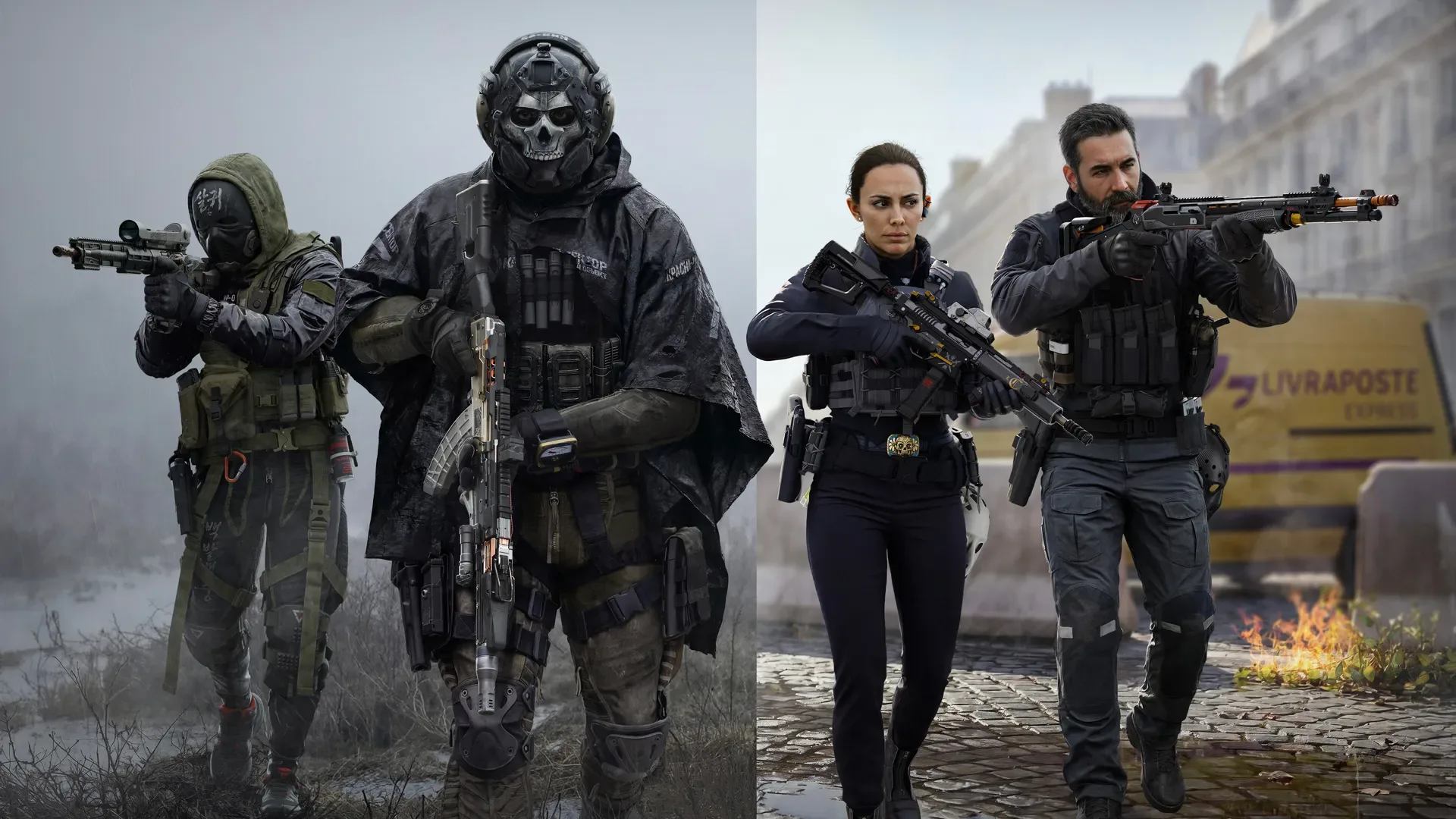 Hostile Alliance Operator Pack render: Blix and Ghost in rain gear on the left, Valeria and Captain Price walking down a Paris street on the right