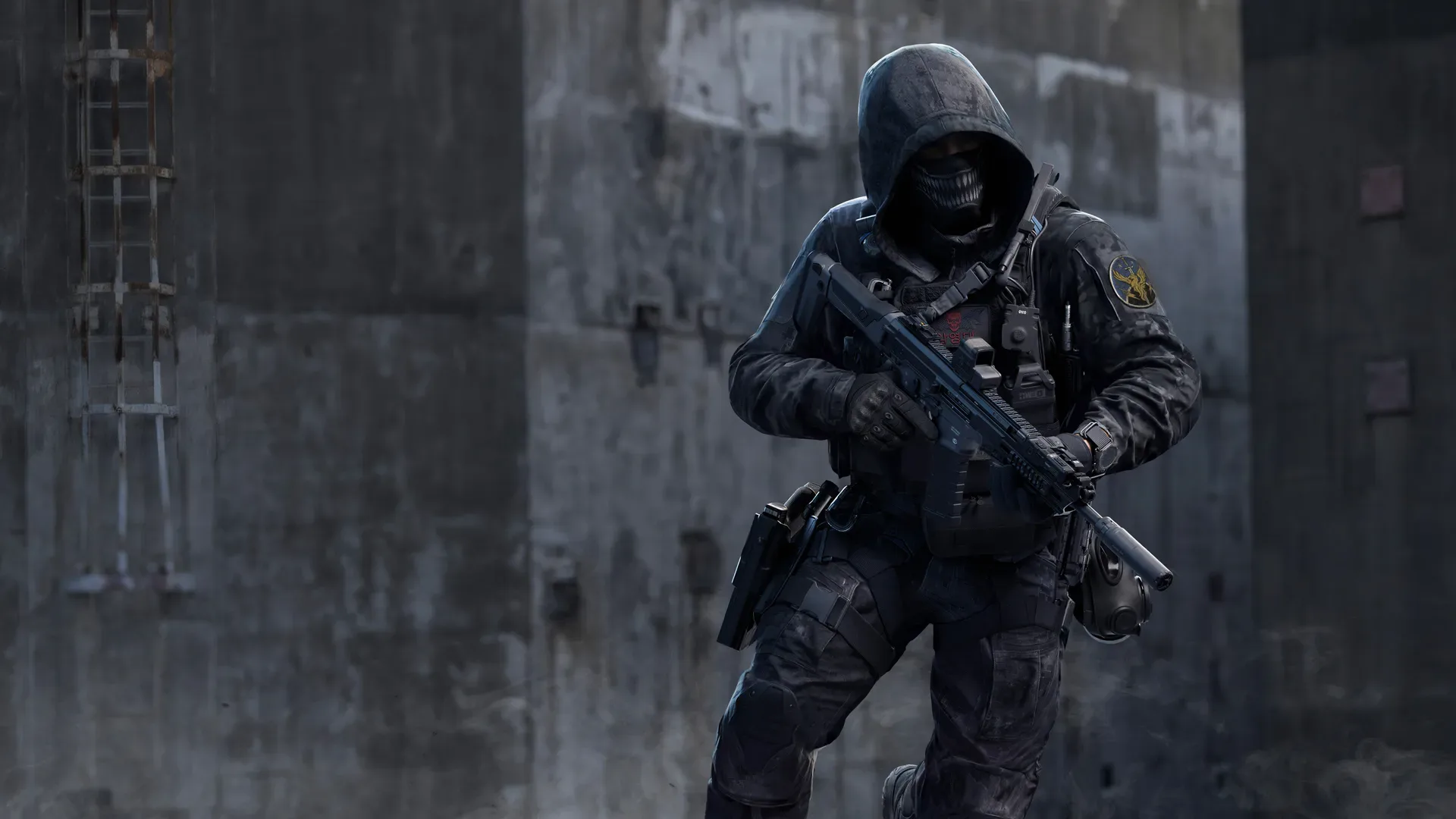 Hunter Killer Operator in a dark hooded jacket and skull-print face mask, holding a suppressed rifle in front of a concrete wall