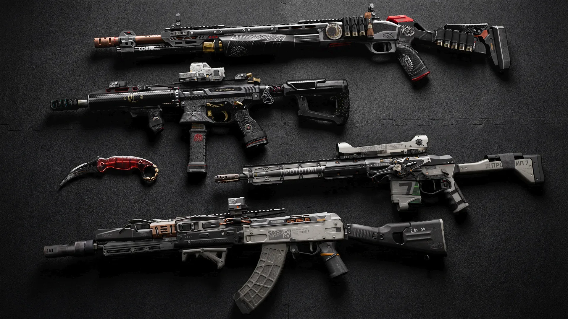 The five Vault Edition Signature Weapons laid on a black mat: Rezi 12 shotgun, ISO Nightshade SMG, Oris 8.6 marksman rifle, Kastov 762 rifle and a red karambit combat knife