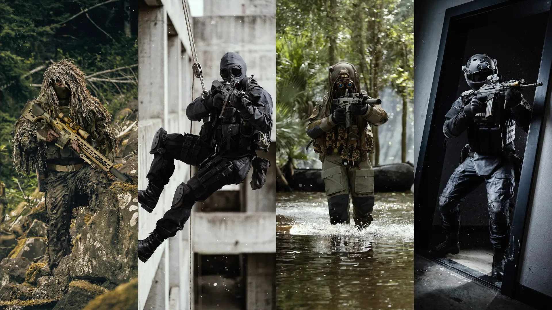 Special Forces Operator Pack: a ghillie-suited marksman, a gas-masked operator rappelling a building, a soldier wading through jungle water and a ROK special forces operator breaching a doorway
