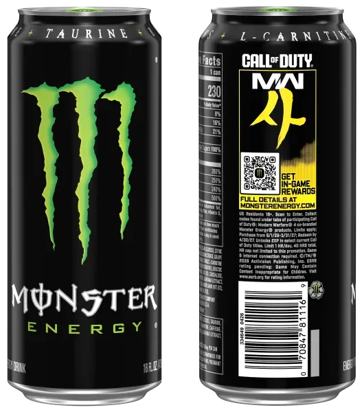 Front and back of a 16 oz Monster Energy Original can; the back carries the Call of Duty Modern Warfare 4 logo, a QR code and the Get In-Game Rewards panel