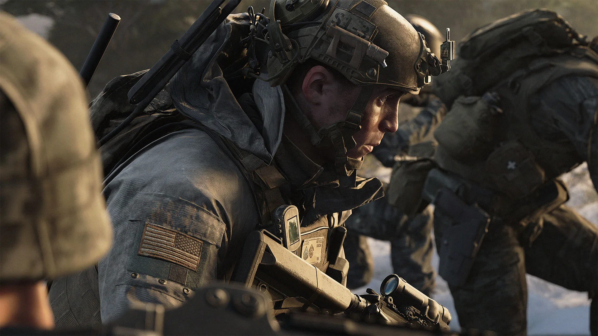 Modern Warfare 4 campaign screenshot: a US soldier lies prone behind cover in a snowy treeline while two squadmates move up beside him