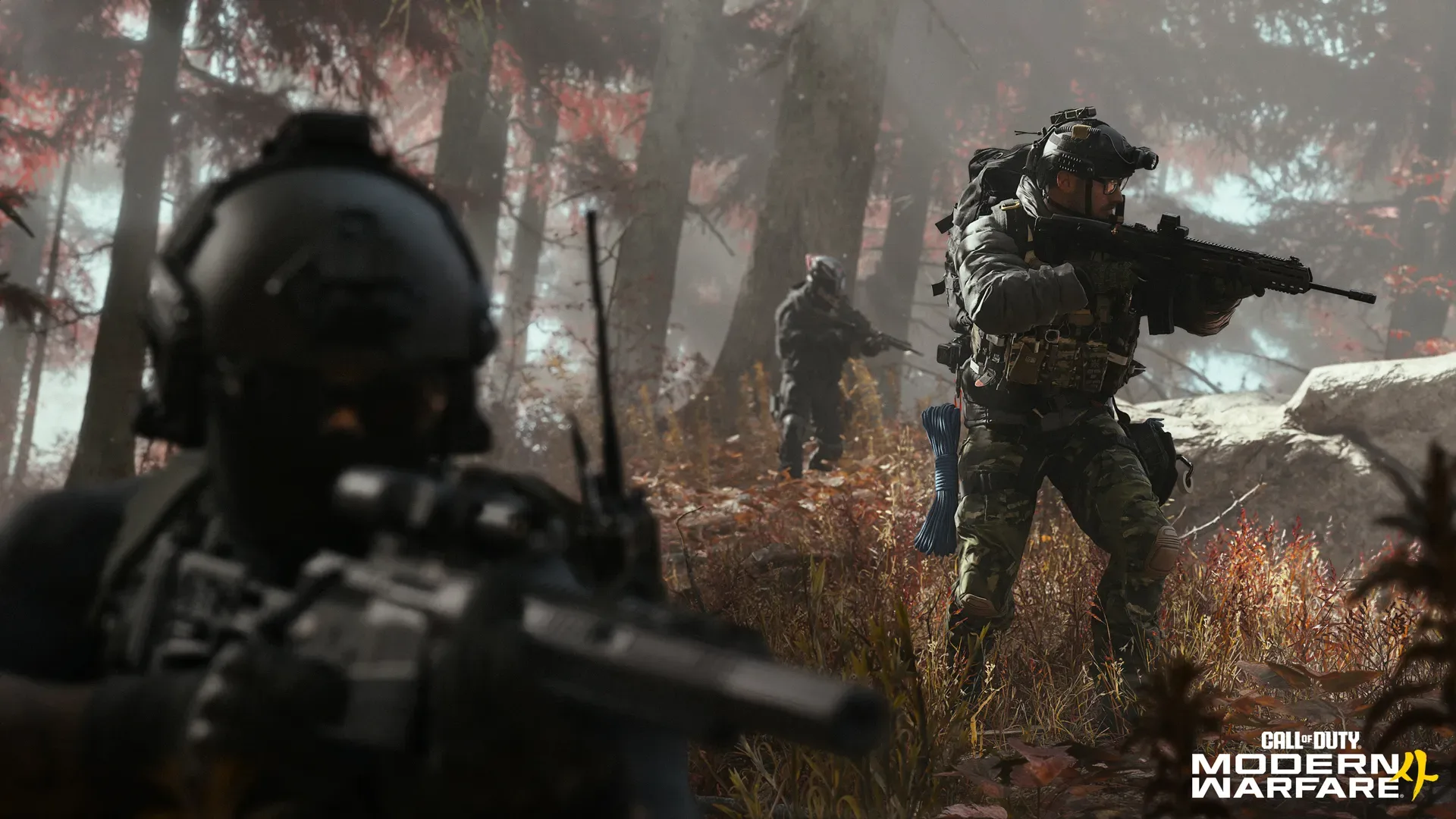 Modern Warfare 4 DMZ screenshot: three operators advance through a misty autumn forest, one aiming a rifle while another watches the treeline