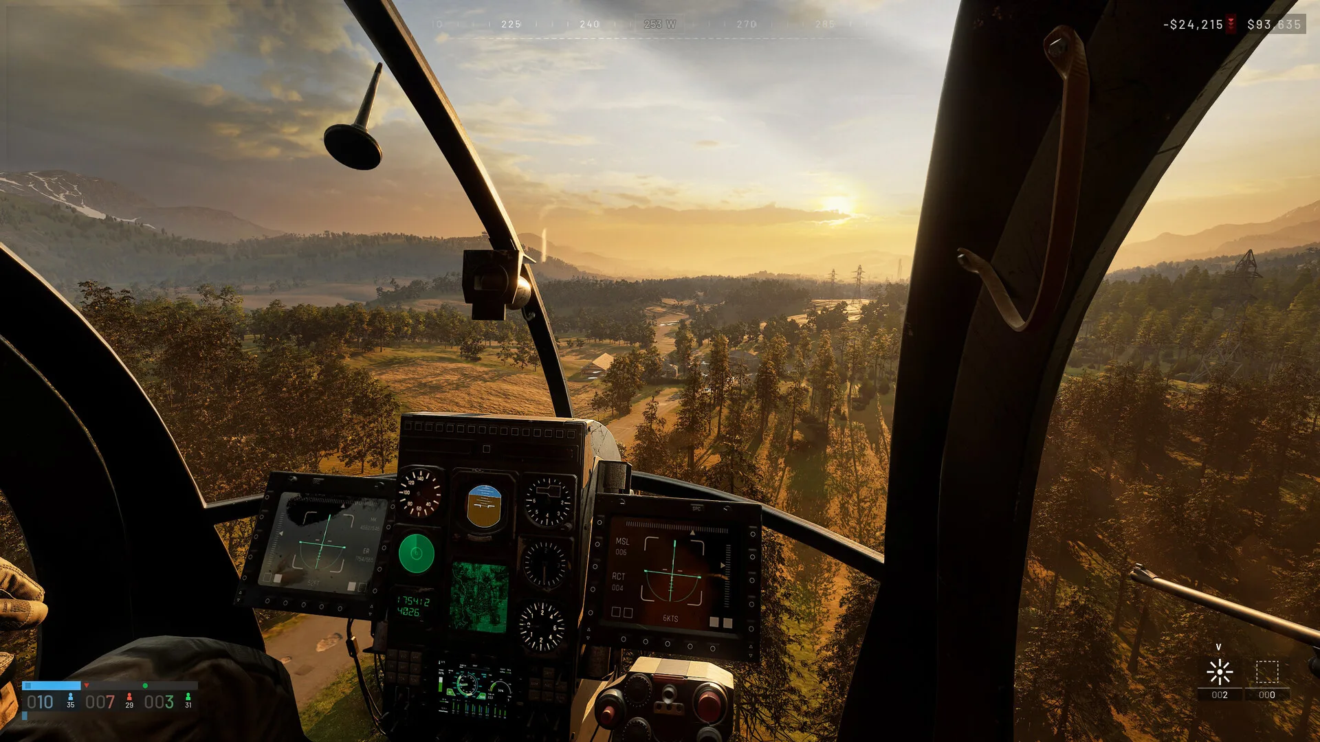 WARDOGS helicopter cockpit at sunset with the HUD showing a cash balance of $93,635 in the top right and team scores bottom left