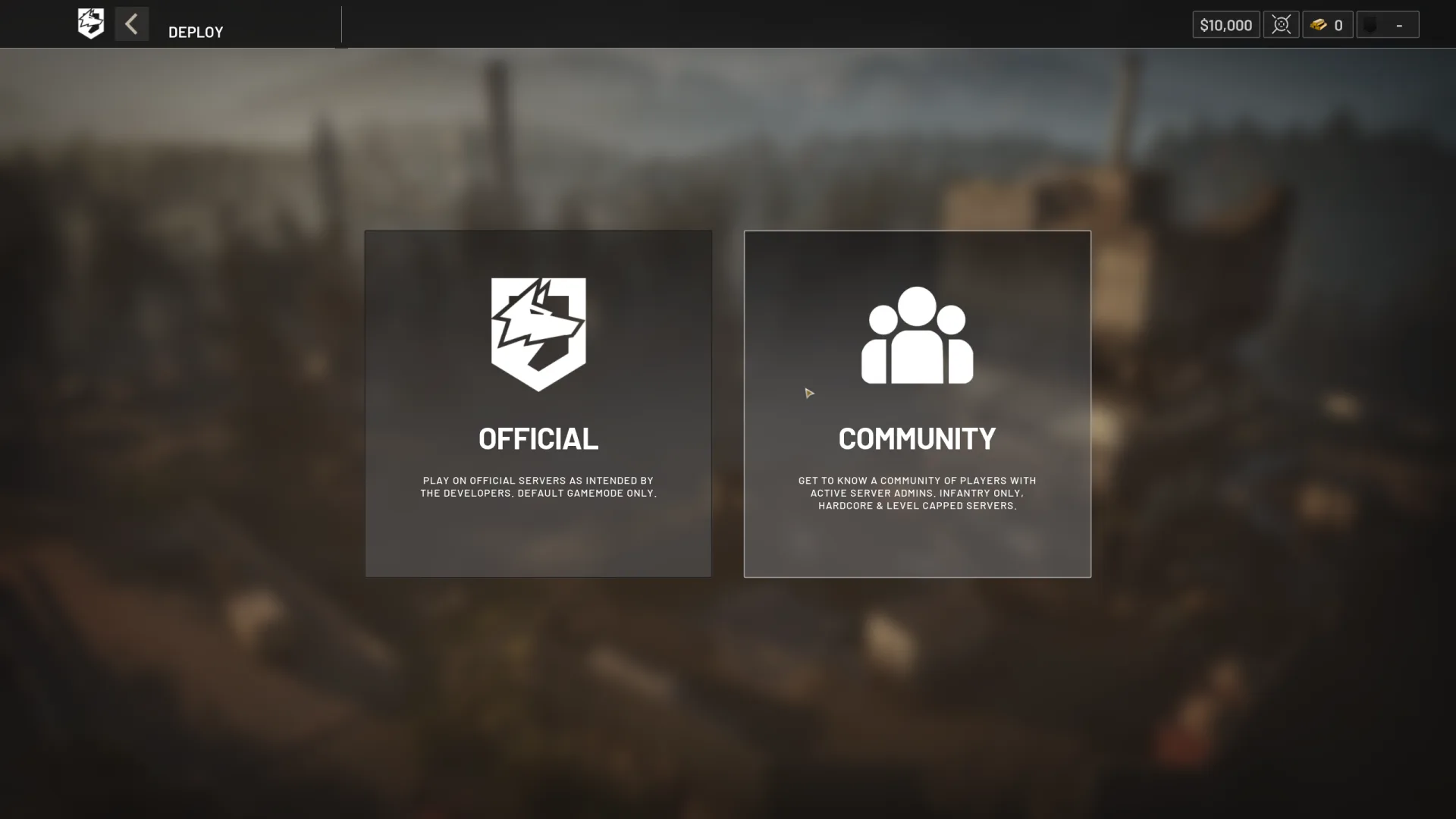 WARDOGS deploy screen after Patch 0.11 with two tiles: Official servers (default game mode only) and Community servers (active admins, infantry only, hardcore and level-capped servers)