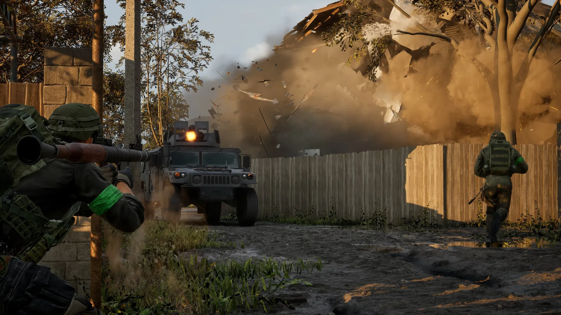 A WARDOGS soldier with a green armband aiming an RPG at an oncoming Humvee with a roof gunner as a building collapses behind it