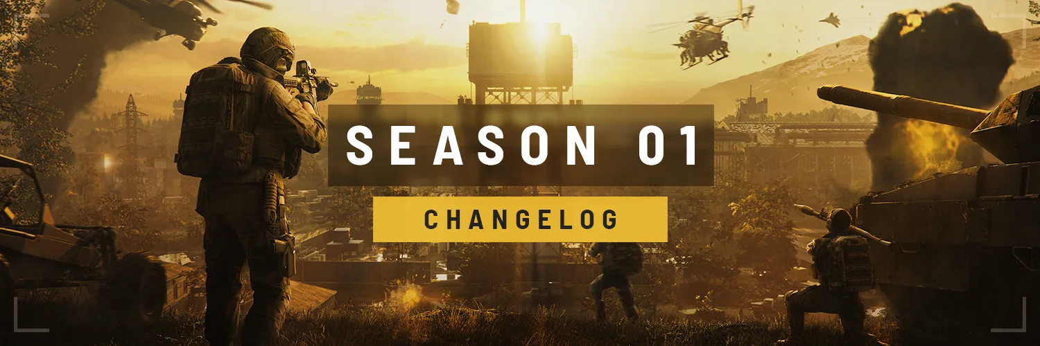 WARDOGS Season 01 Changelog banner showing a soldier aiming a rifle in front of a tower with helicopters overhead