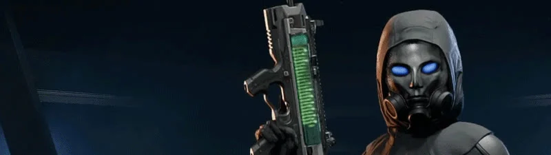 Grimm in the Axia operator skin, a hooded gas-mask outfit with glowing blue eyes, holding a rifle