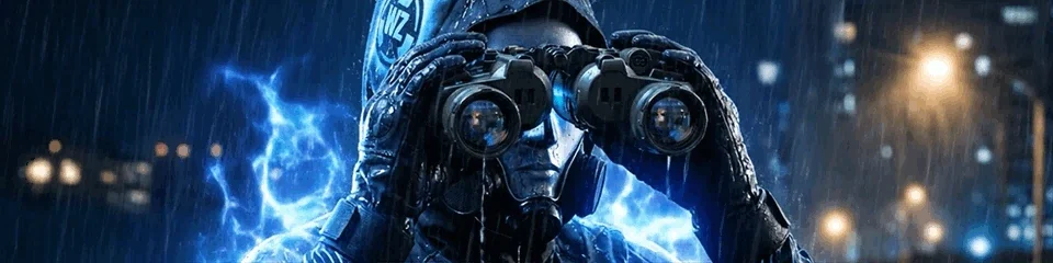 Ever Watchful calling card: an operator in a gas mask looking through binoculars in the rain