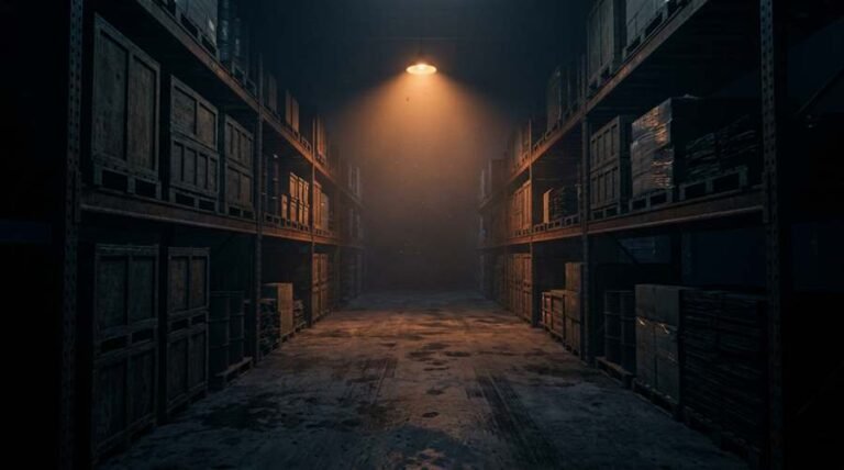A dark warehouse aisle stacked with sealed cargo crates