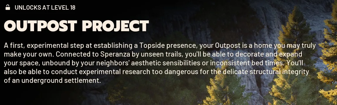 ARC Raiders Outpost Project banner showing Unlocks at Level 18 and the project description