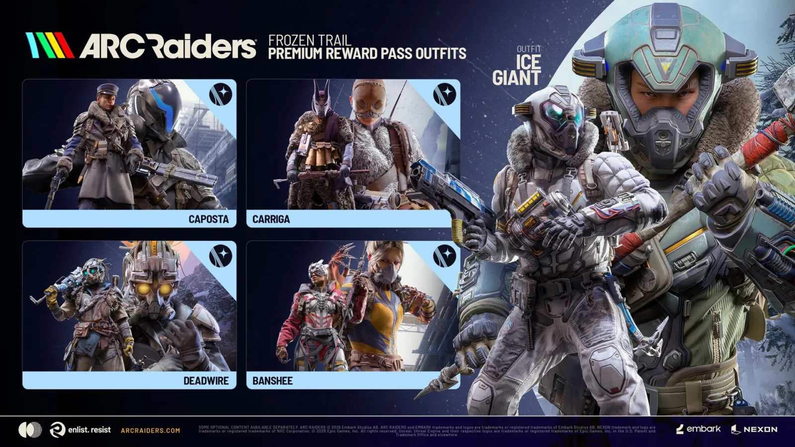 Embark infographic of the Frozen Trail Reward Pass Free and Premium tracks