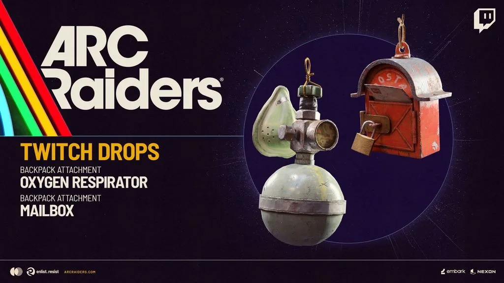 ARC Raiders October Twitch Drops artwork for the Oxygen Respirator and Mailbox backpack attachments