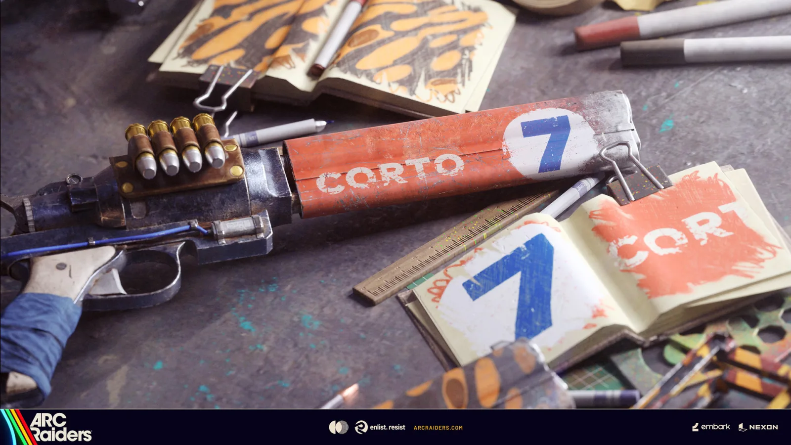 ARC Raiders Weapon Stencils applied to weapons in the Frozen Trail update