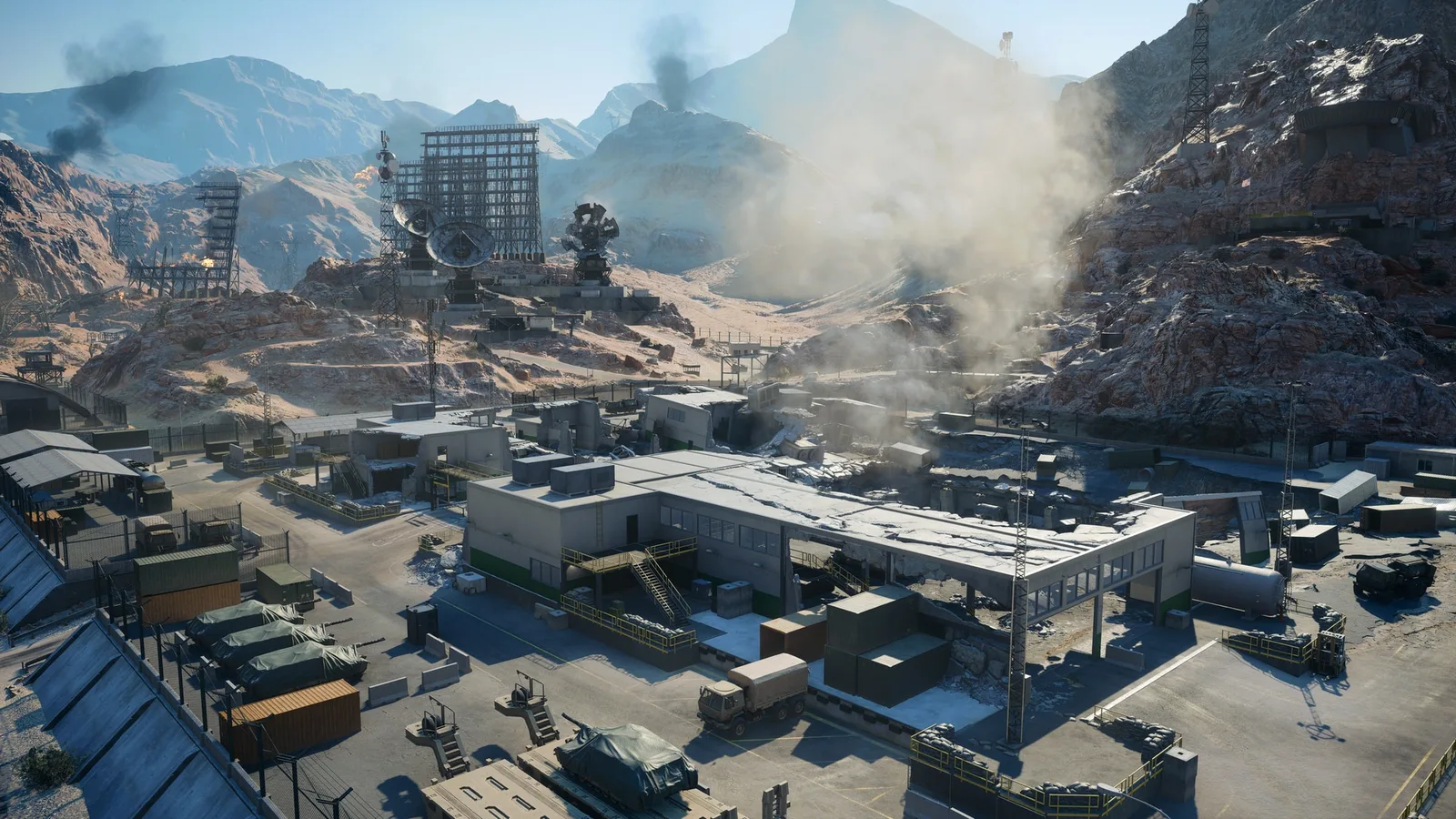 The Area 51 map in Battlefield 6, a desert military base with radar dishes