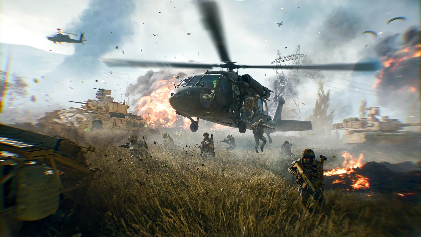 Battlefield 6 All-Out Warfare battle with infantry, tanks and a helicopter over a burning city