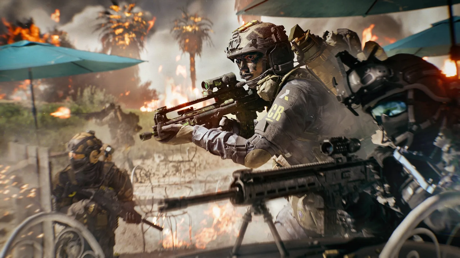 Battlefield 6 soldiers firing a carbine and a bipod-mounted rifle on a burning street with palm trees
