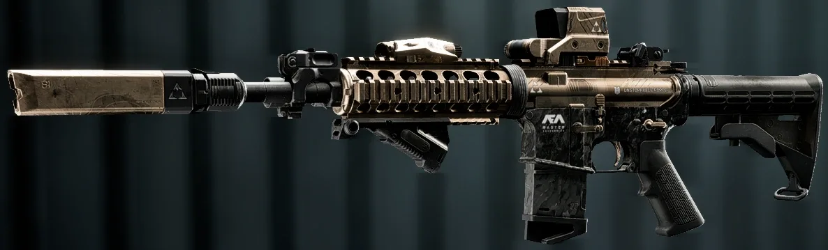 M4A1 carbine with the Unstoppable Force mastery package: brass finish, suppressor, angled grip and holographic sight