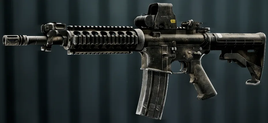 M4A1 carbine with the Warfighter weapon package, a plain dark finish with a short optic