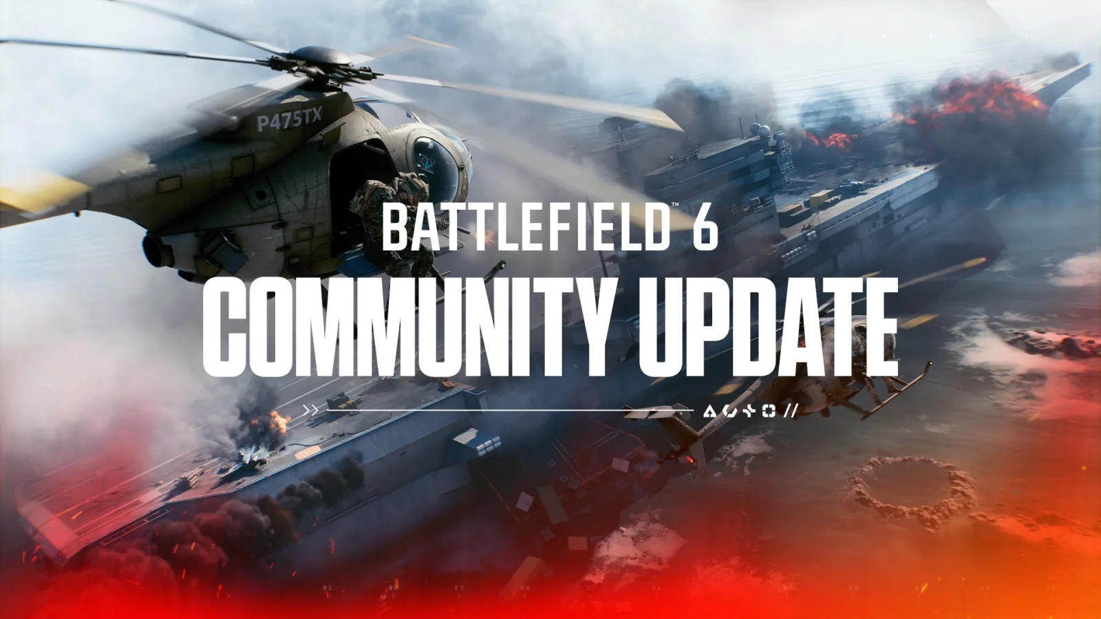 Two helicopters fly beside a burning aircraft carrier, EA's Community Update header art