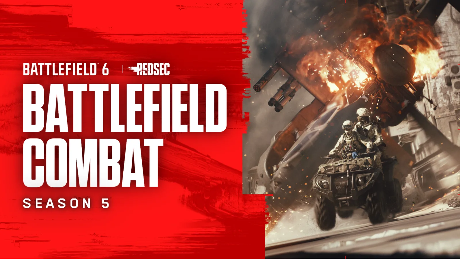 Two soldiers on an ATV under an exploding helicopter, EA's Season 5 combat changes artwork