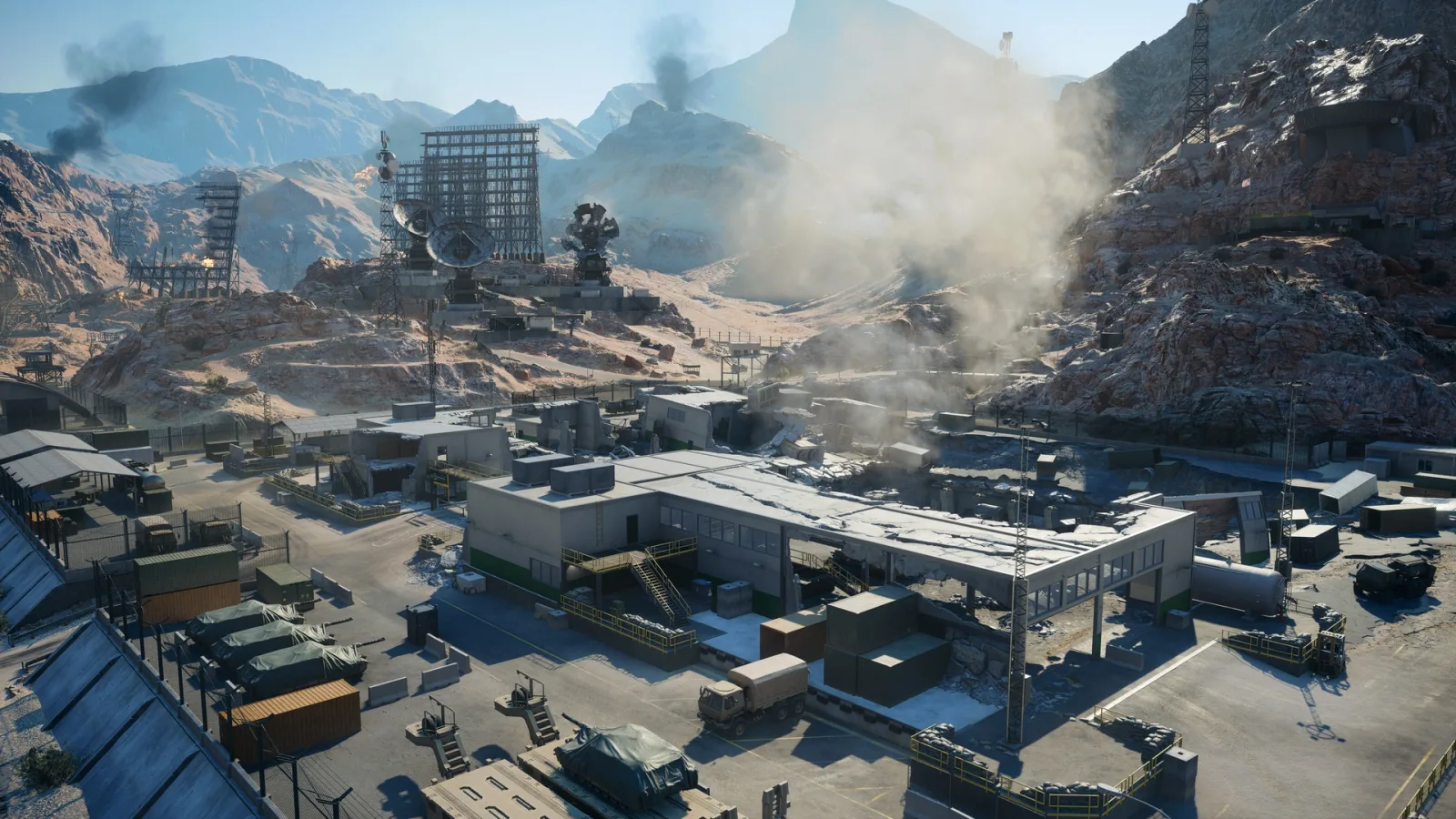Desert military base with battle-damaged radar dishes on the Area 51 map