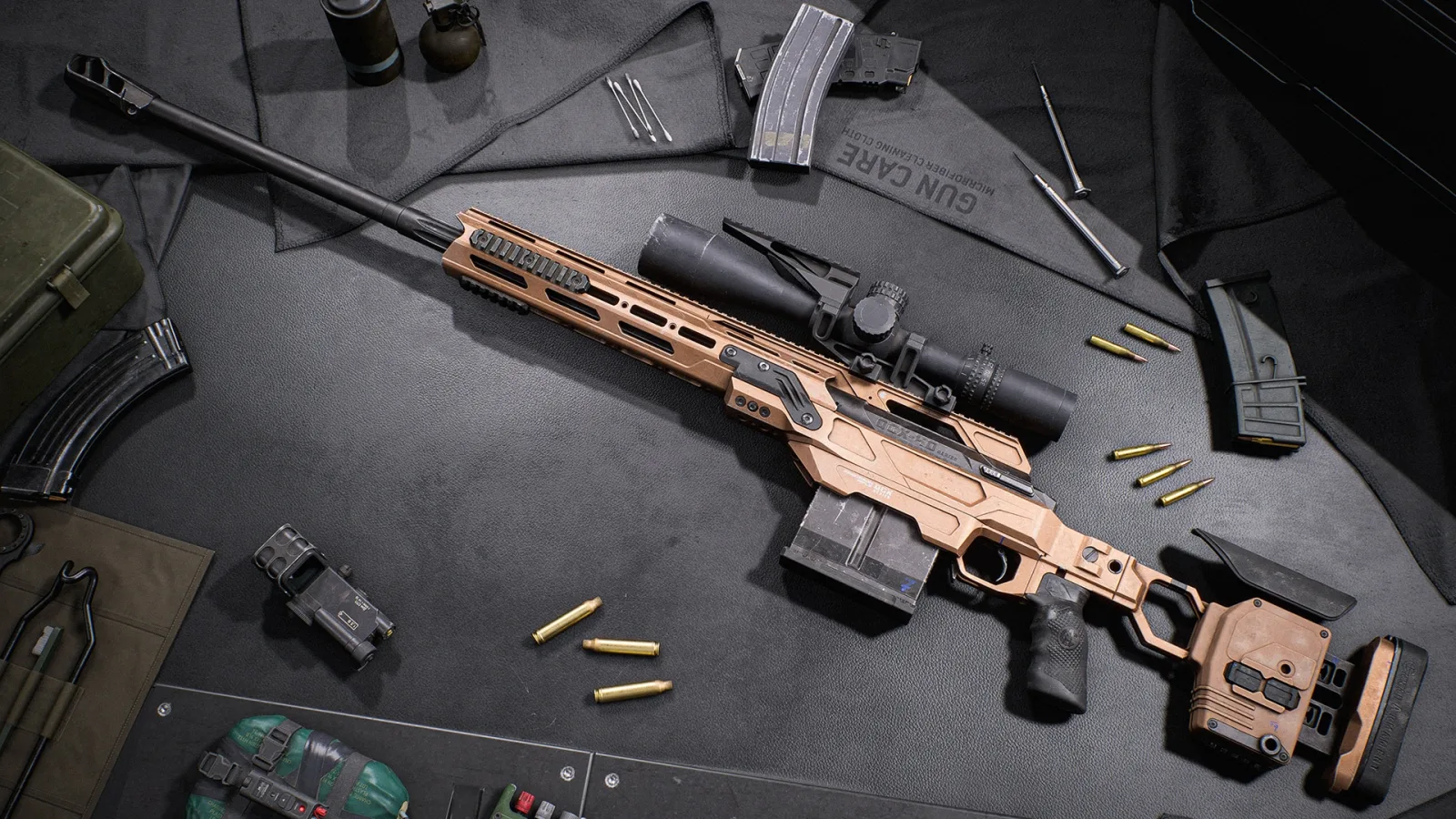 The bronze ELR-40 bolt-action sniper rifle with a mounted scope on a workbench