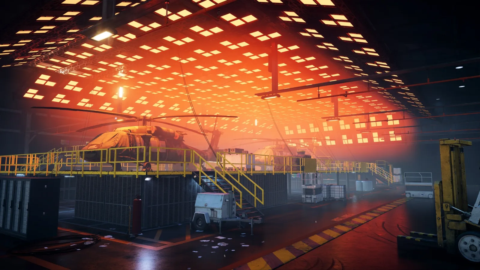 Helicopters on maintenance platforms inside an orange-lit Area 51 hangar in Battlefield 6