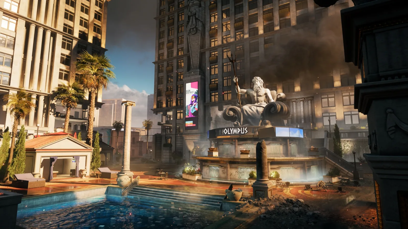 Olympus Pools courtyard on Battlefield 6 Vegas Strip with a fountain and statue between hotel towers