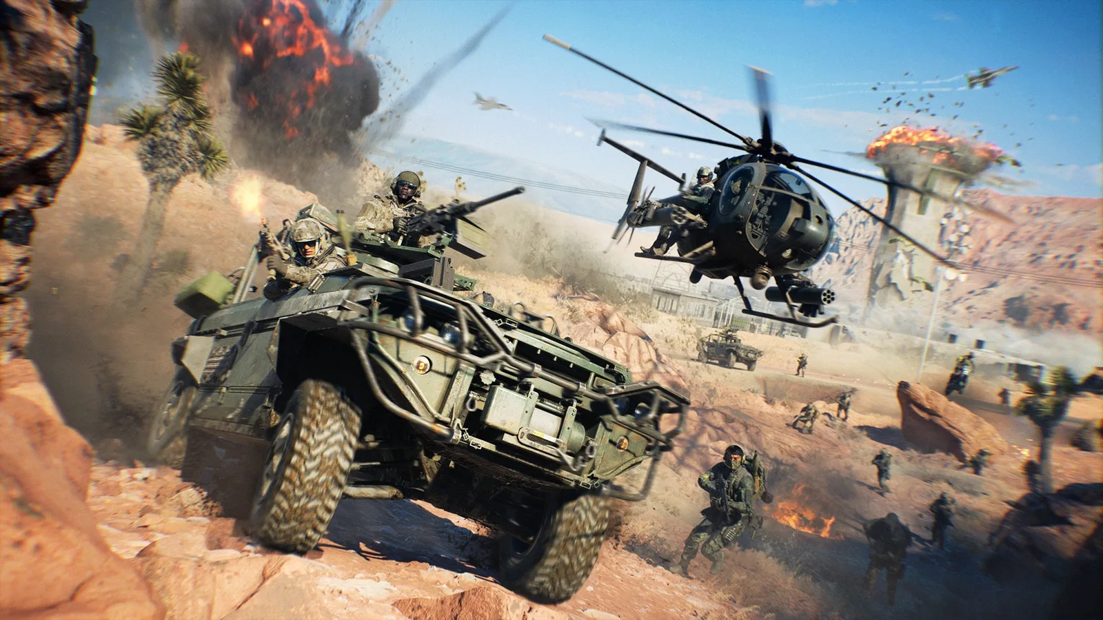 Soldiers fighting across the desert surface of the Area 51 map in Battlefield 6