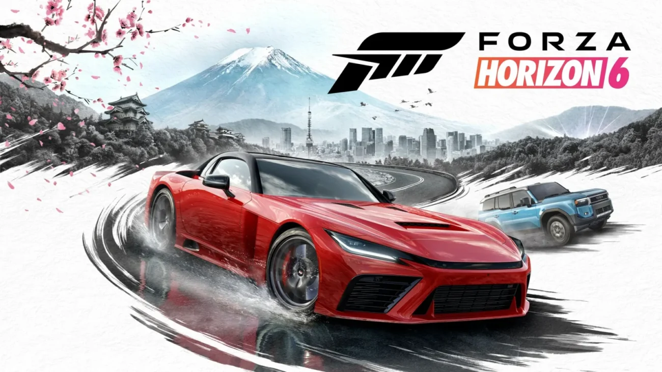 Forza Horizon 6 key art: a red sports car drifting in front of Mount Fuji and the Tokyo skyline, with a blue Toyota Land Cruiser behind