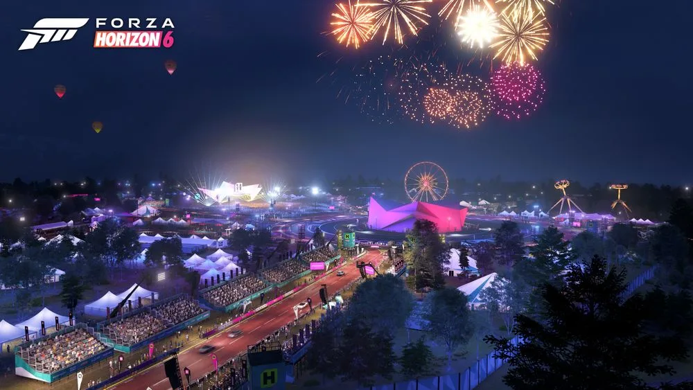The Forza Horizon 6 Horizon Festival site at night, with grandstands along a race track, a Ferris wheel and fireworks