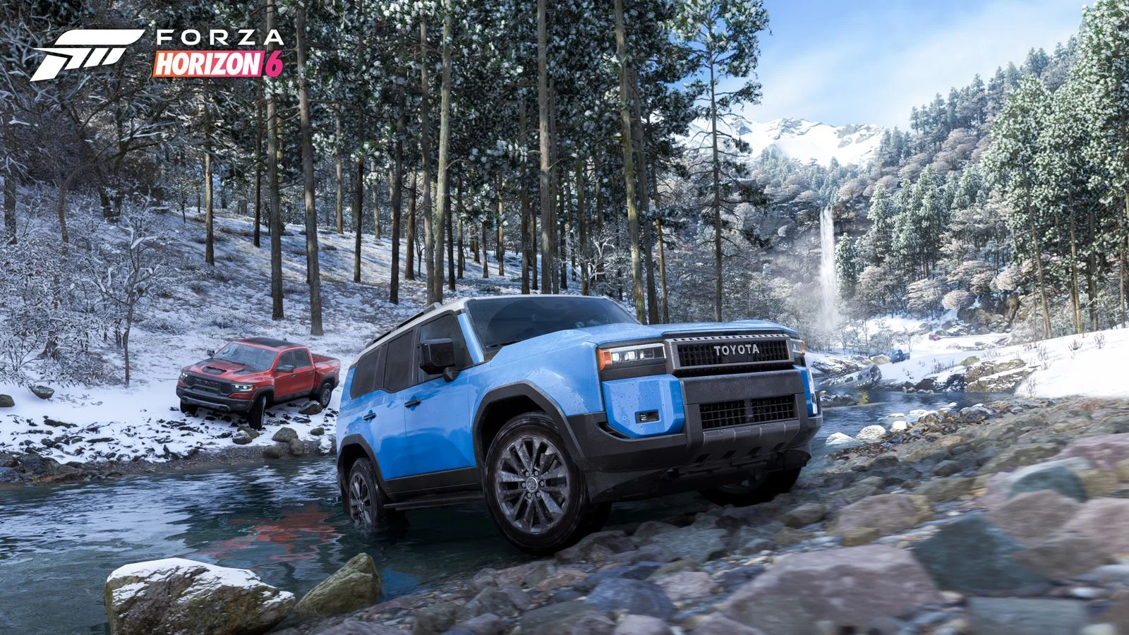An off-road car driving through snow in the Forza Horizon 6 PS5 announcement