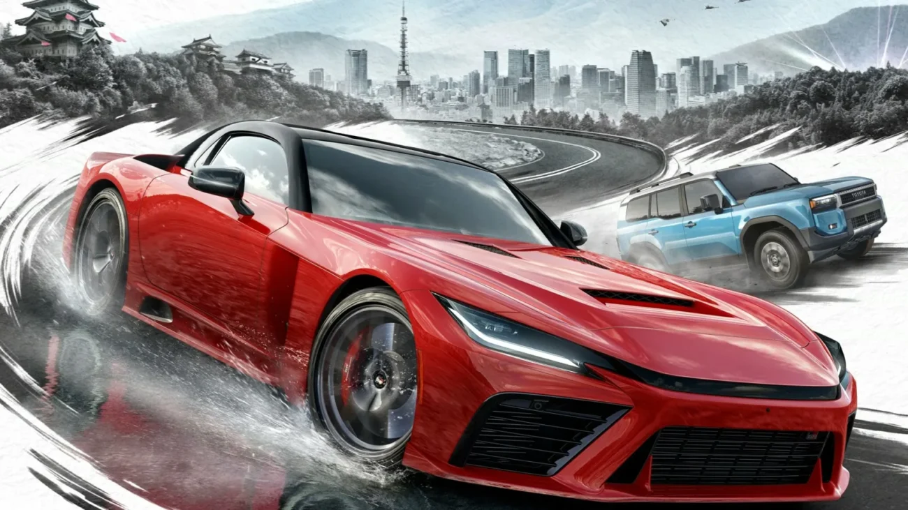 Forza Horizon 6 key art: a red sports car drifting on a wet road with a blue SUV behind it and a Japanese city skyline in the distance