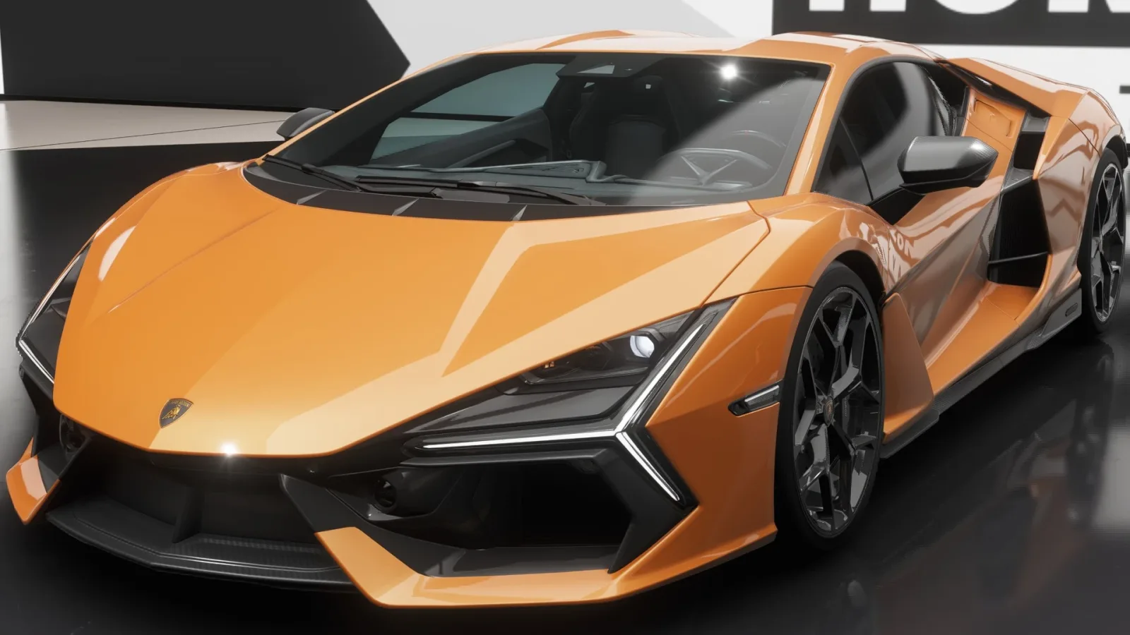 Orange 2024 Lamborghini Revuelto seen from the front in a Forza Horizon 6 showroom