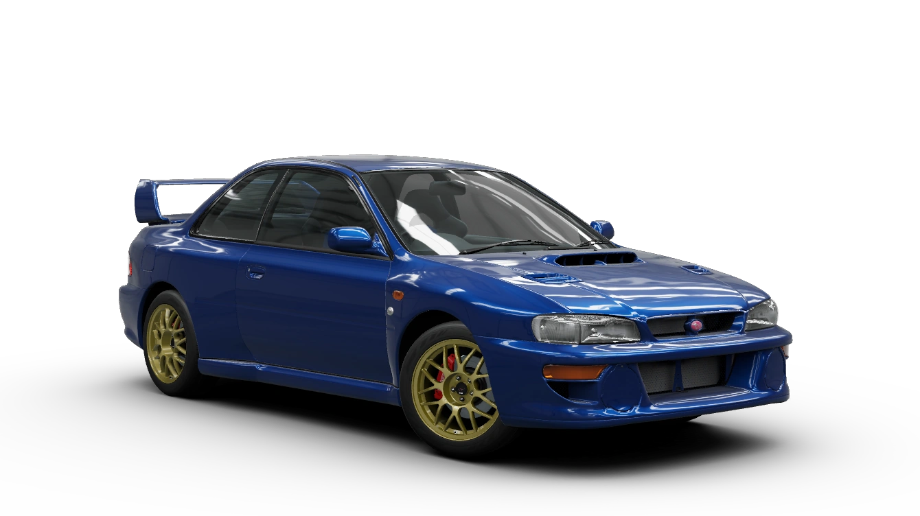Blue 1998 Subaru Impreza 22B-STi Version with gold wheels, side profile on a black background