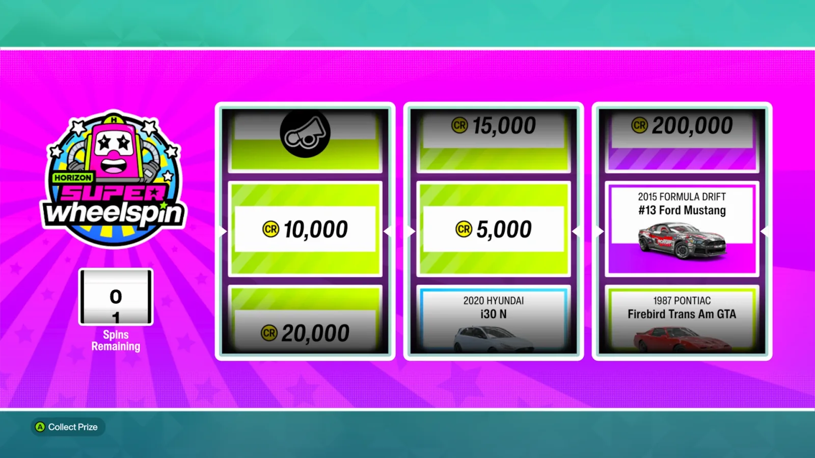 Forza Horizon 6 Super Wheelspin screen with three reels showing credit prizes and a Ford Mustang drift car