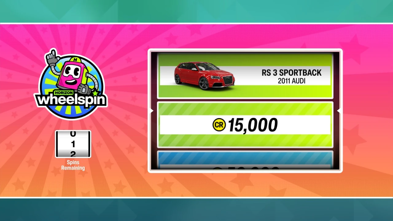 Forza Horizon 6 regular Wheelspin screen with a 2011 Audi RS 3 Sportback prize above a 15,000 credit prize