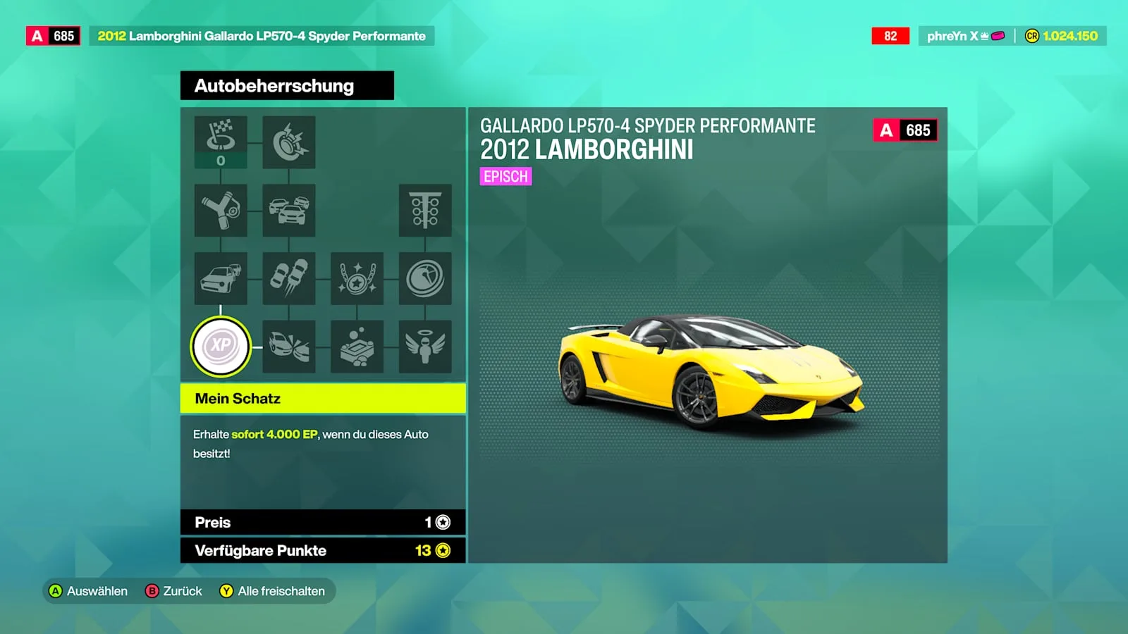 Car Mastery perk tree for a 2012 Lamborghini Gallardo in Forza Horizon 6, German-language menu