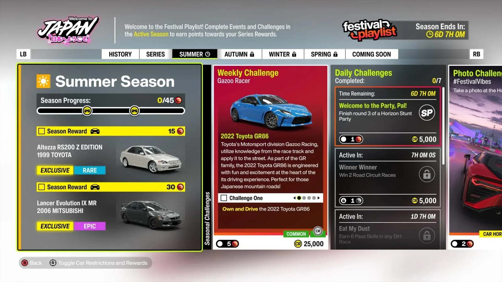 Forza Horizon 6 Festival Playlist menu showing weekly and daily challenges