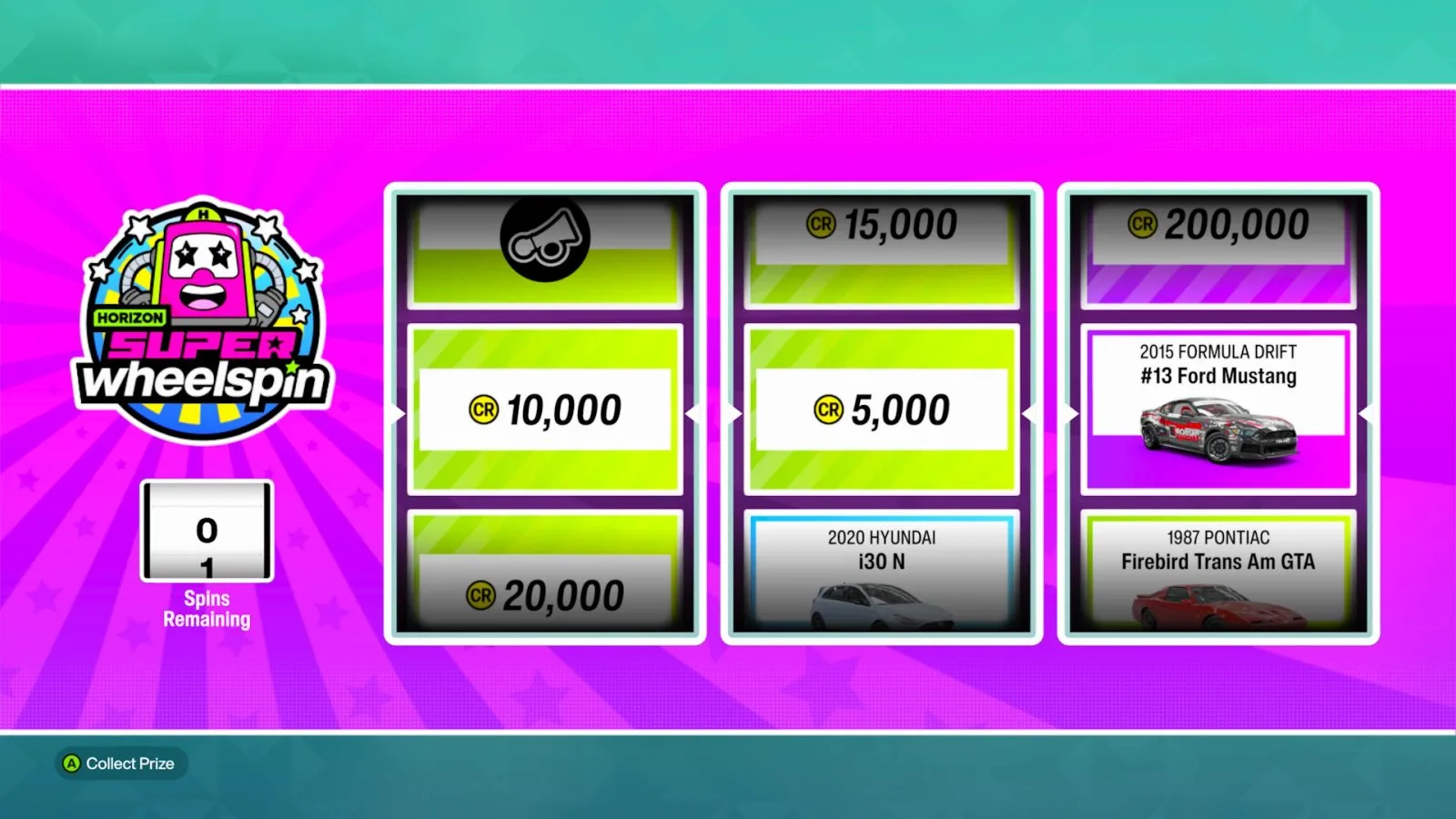 Forza Horizon 6 Super Wheelspin screen with three reels landing on a car horn, 5,000 credits and a 2015 Formula Drift Ford Mustang