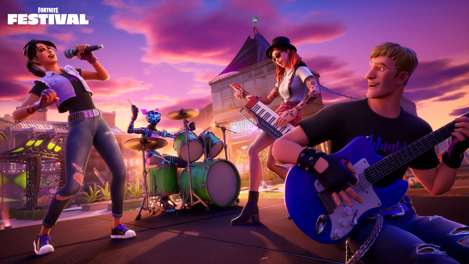 Fortnite Festival Jam Stage promo with four characters playing microphone, drums, keytar and bass on a stage at sunset