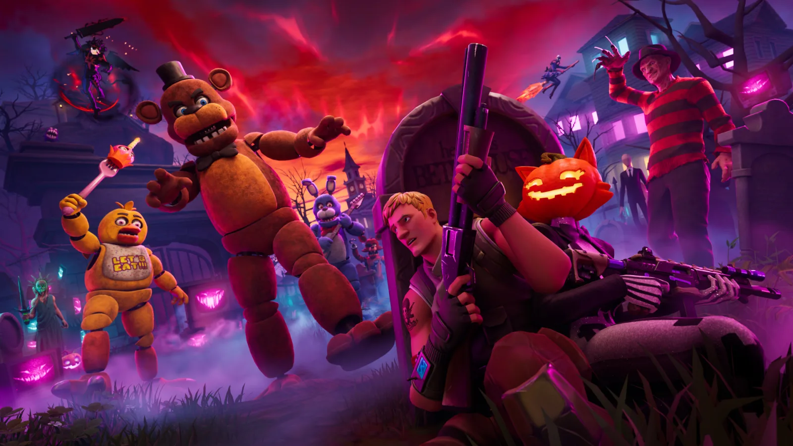 Fortnitemares 2026 key art: Freddy Fazbear and Chica in a graveyard with Jonesy hiding behind a tombstone and Freddy Krueger in the background