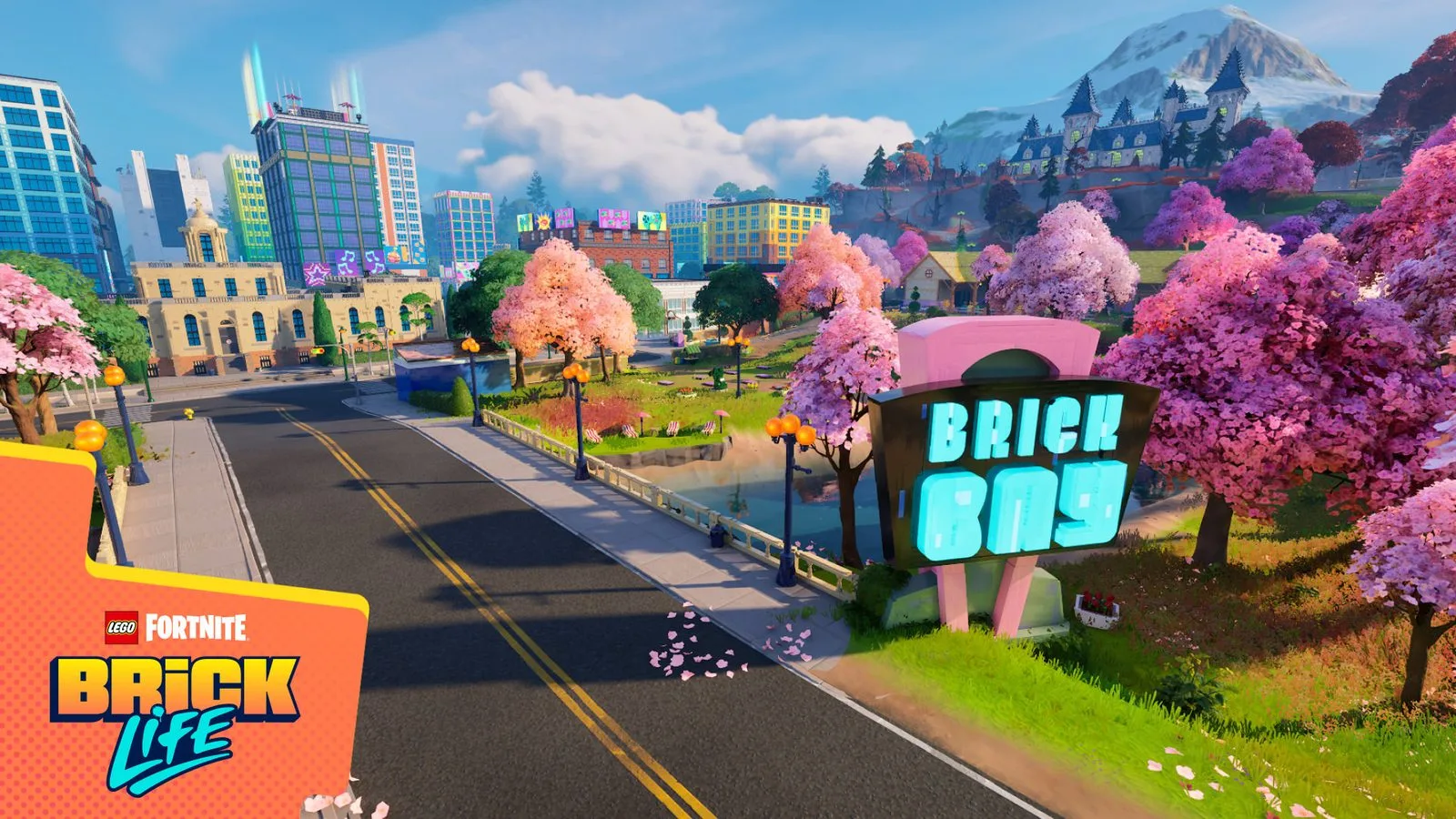 LEGO Fortnite Brick Life promo showing the Brick Bay sign, a road and pink trees in front of city buildings