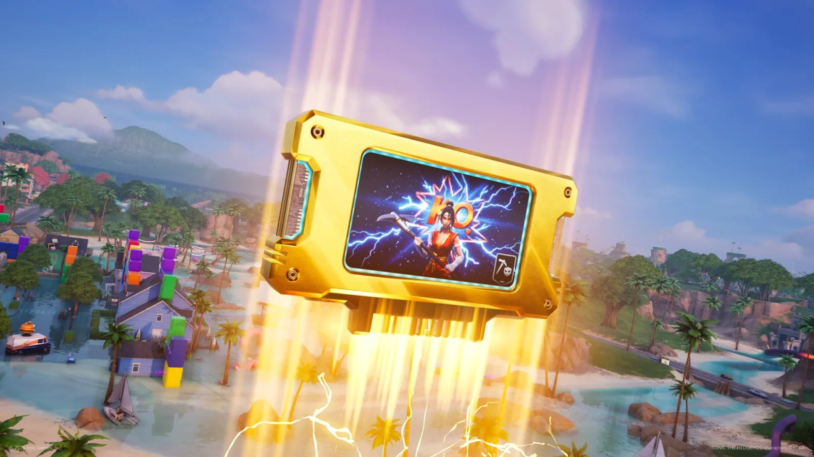 A gold Override cartridge with a K.O. screen floating above the Chapter 7 Season 4 island in a beam of light