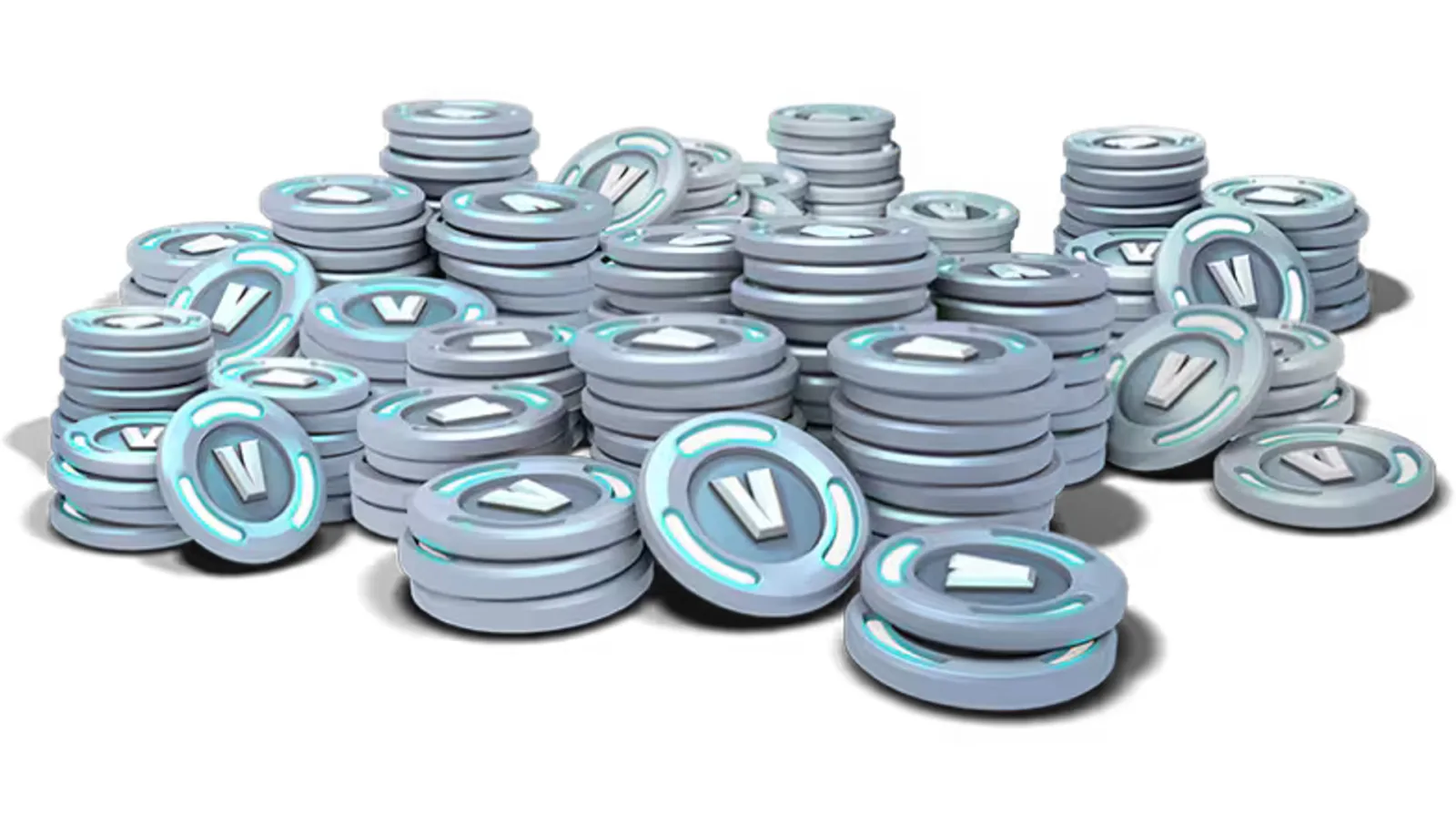 A large pile of silver V-Bucks coins stacked on a white background