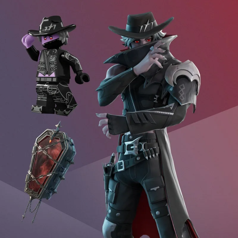 Osric the Uninvited outfit, its LEGO style and the Revenant's Coffin back bling from the October 2026 Fortnite Crew Pack