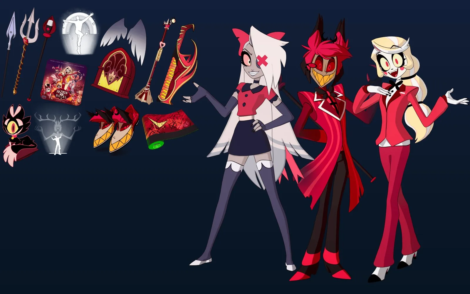 Hazbin Hotel Bundle in Fortnite showing Vagatha, Alastor and Charlie outfits with their pickaxes, back blings, kicks, wrap and emotes