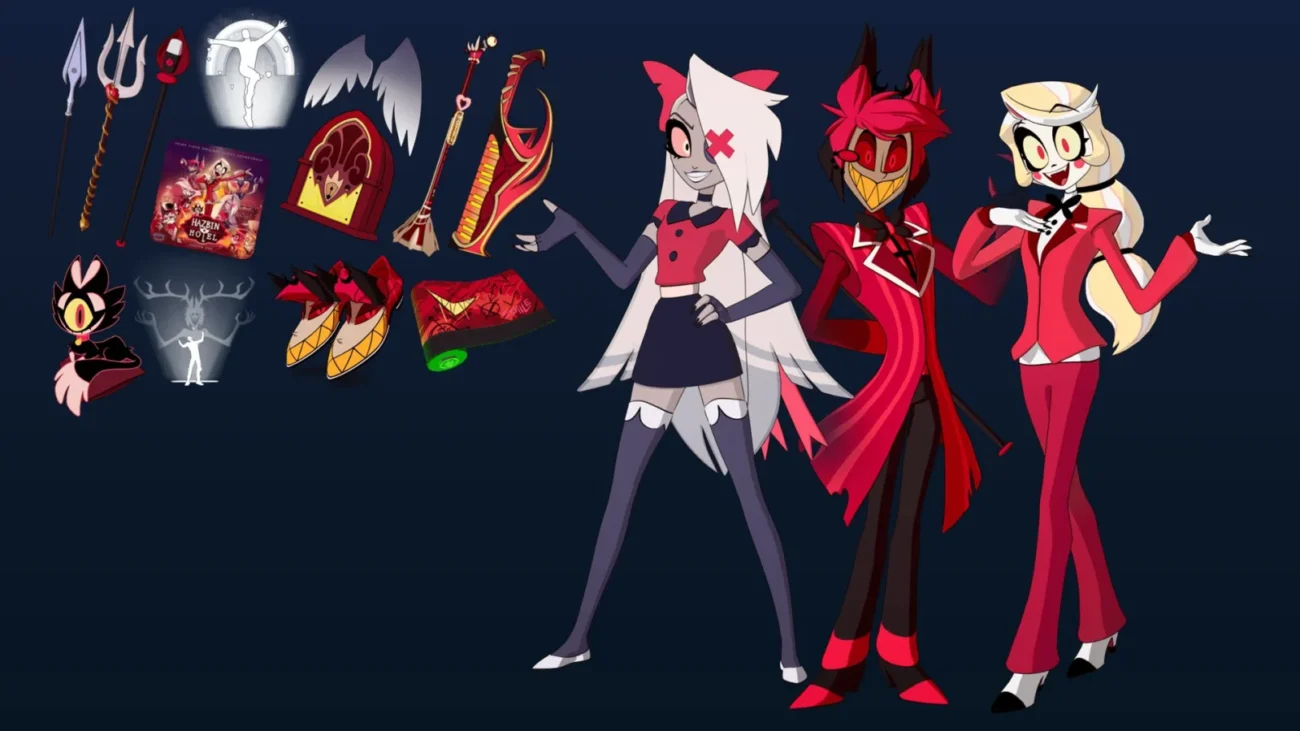 Vagatha, Alastor and Princess Charlie Morningstar outfits with their Hazbin Hotel items in Fortnite