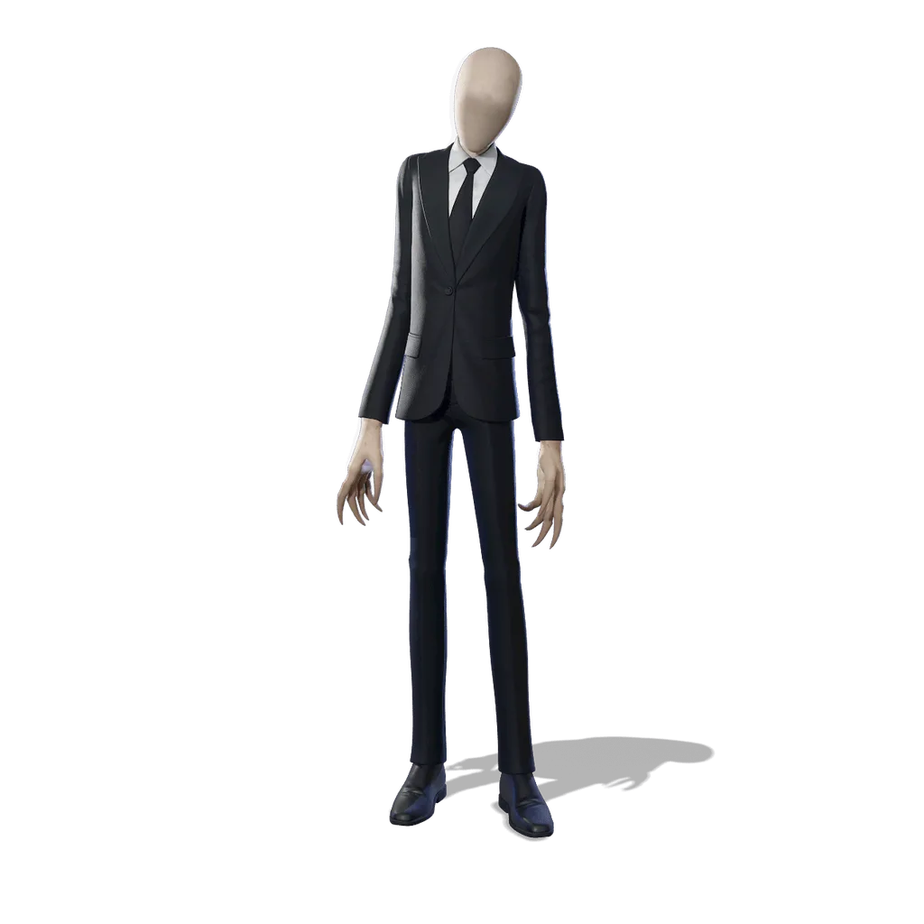 Full-body render of the Fortnite Slender Man outfit: a tall faceless figure in a black suit, white shirt and black tie with long clawed hands